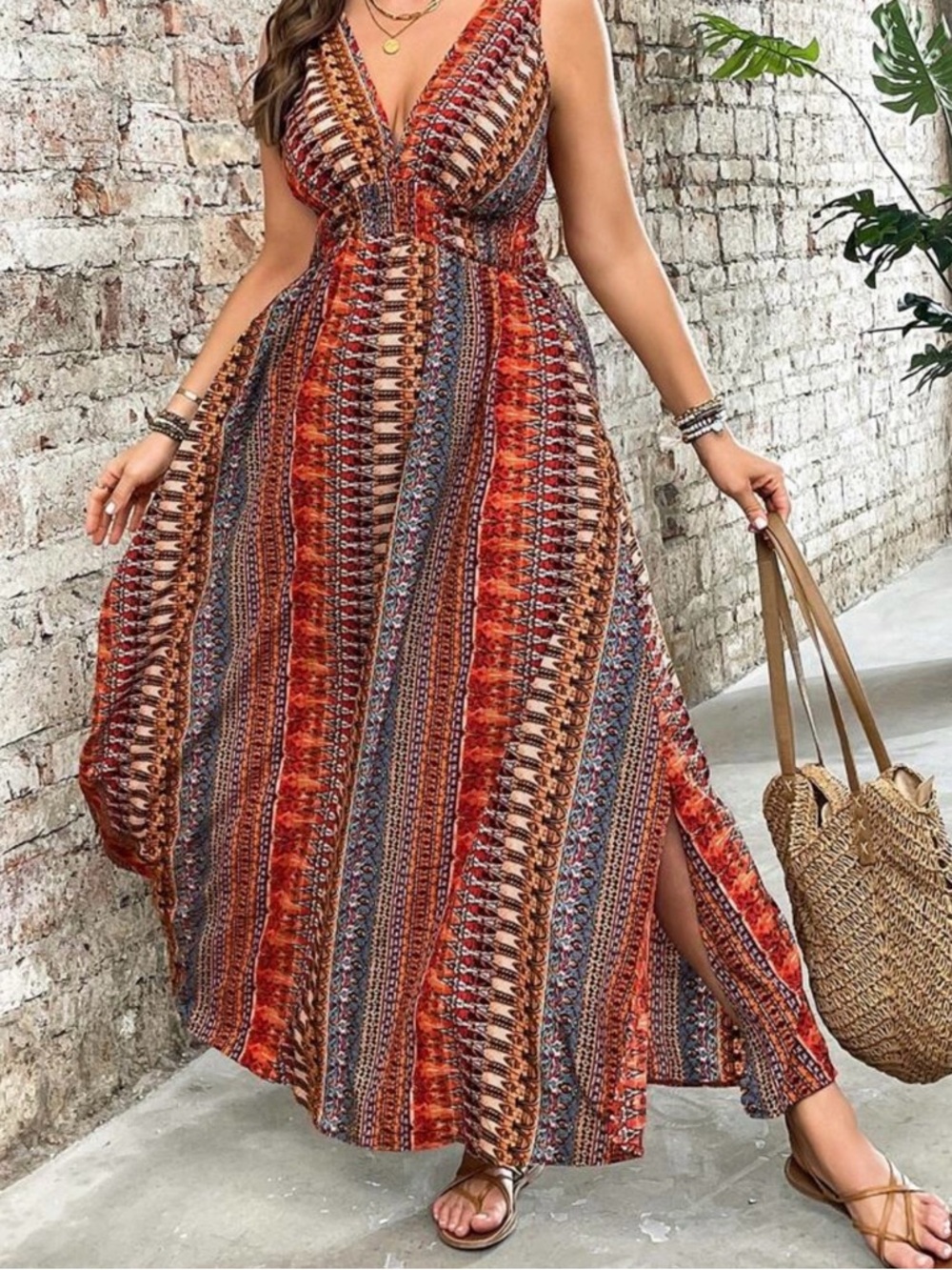 SHEIN Rust and Blue Striped V-Neck Maxi Dress